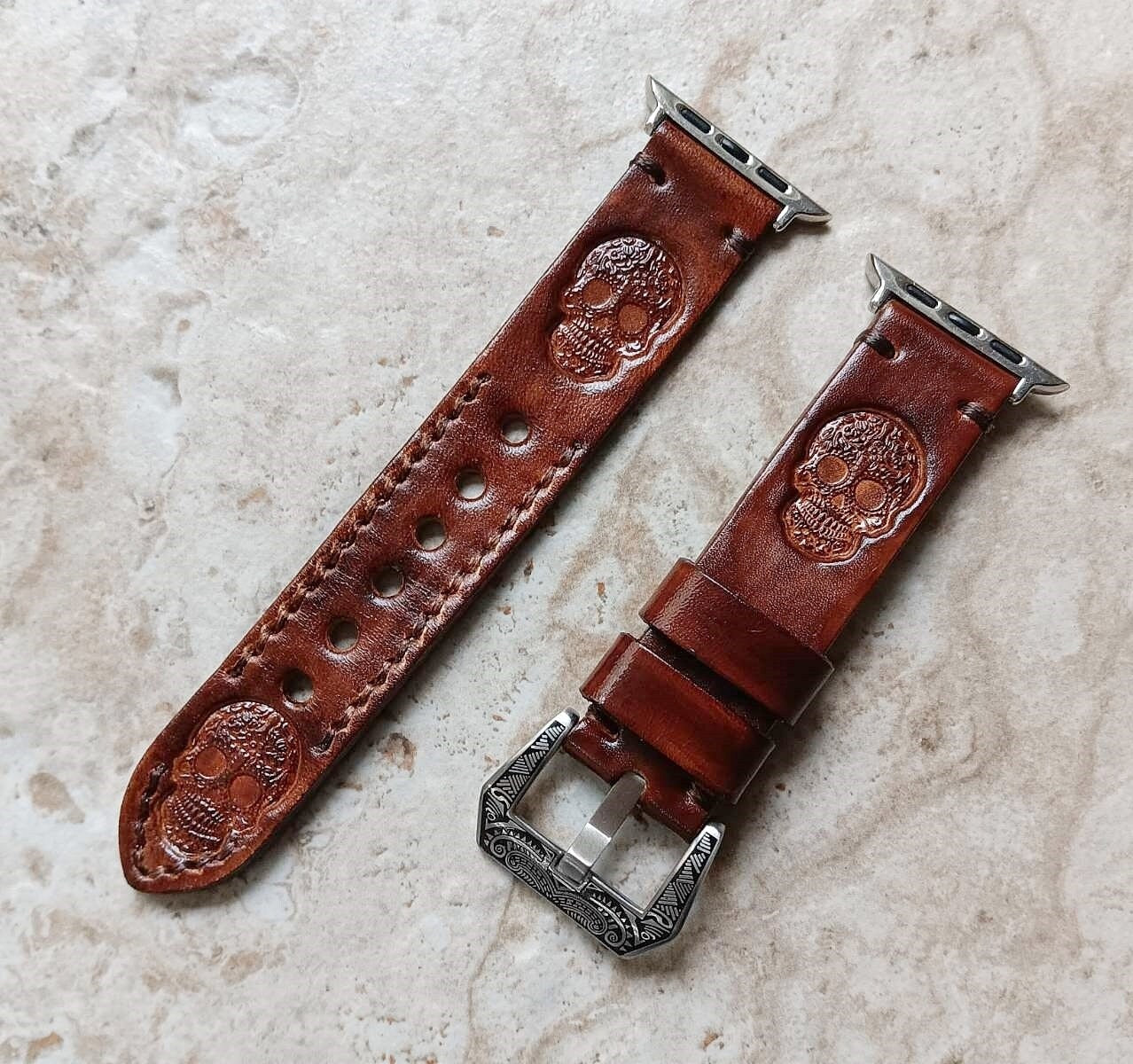 Apple Watch Band Skull for iWatch Ultra 2 49mm and 9 8 Series 41mm 45mm Case Tooled Embossed Handmade Brown Genuine Leather Strap Bracelet